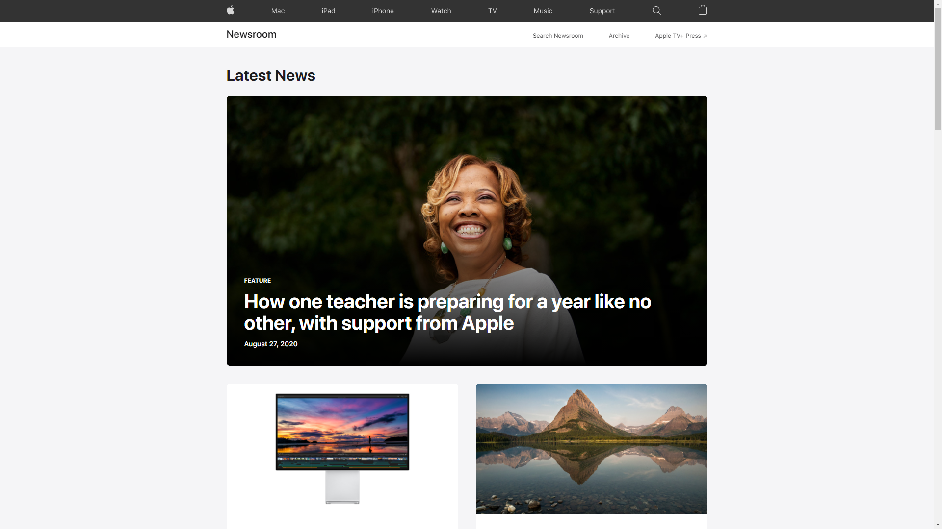 A screenshot of Apple Newsroom's new UI